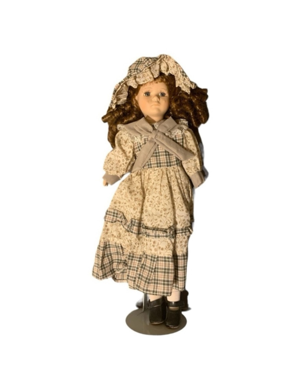 Vintage Porcelain Doll: 19" Brown Hair, Blue Eyes, Crying Expression Collectible
